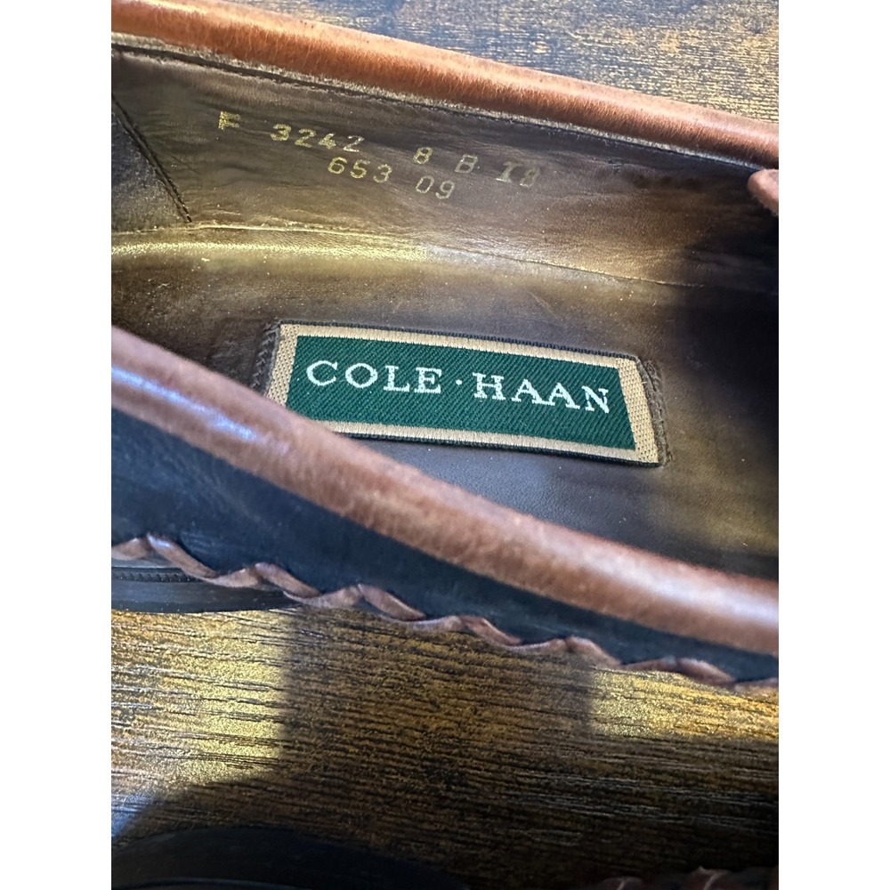 Cole Haan Two Tone Leather Tassel Kiltie Loafers Brown Black Woven Size 8 Shoes - Picture 8 of 13
